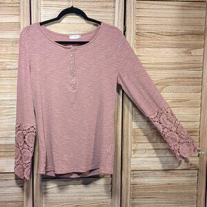 Kancystore Blouse Long sleeve Ribbed Lace Sleeve Top Pink/Blush Size Medium